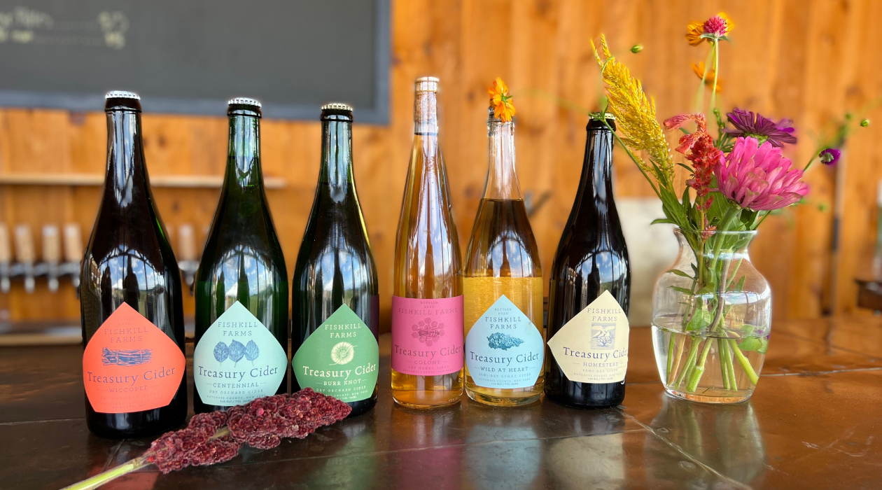 A row of Treasury Cider bottles stand on a wooden bar next to a pot of muted colored wildflowers